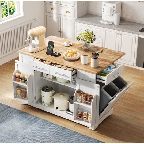 Isola cucina 138x86x92 cm con piano ribaltabile, presa UE, USB-C e ruote silenziose, legno - bianco