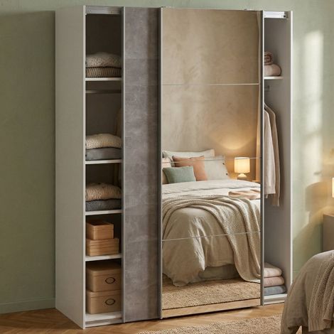 Dmora - Armario 2 puertas Seraphine, Muebles de dormitorio, Vestidor, Armario de ropa, 150x61 h200 cm, Blanco y Gris (1/5)