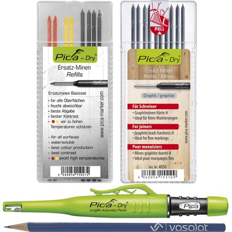 Pica Marker Set - Pica Dry Tieflochmarker mit 10 Ersatzminen Härte H für Tischler und 8 Ersatzminen graphit 2B/rot/gelb