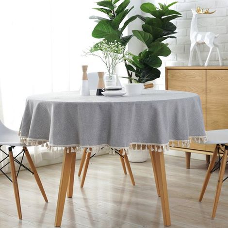 Nappe ronde en mélange coton-lin, résistante aux taches et lavable, ornée de pompons convient pour les salles à manger, les fêtes, un usage domestique, le jardin, etc. diamètre de 150 cm, couleur gr (1/5)