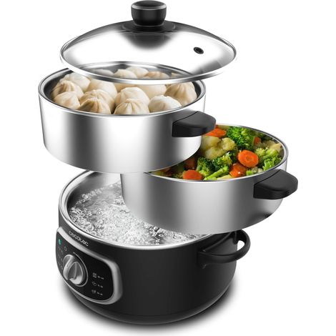 Cuiseur à Vapeur électrique Vapovita 3000 INOX, 3 paniers indépendants, Bol de Cuisson du Riz, Supports de Cuisson des œufs, Minuterie de 60 minutes, 2 Entrées d'Eau Latérales, Gris, 800 W (1/5)