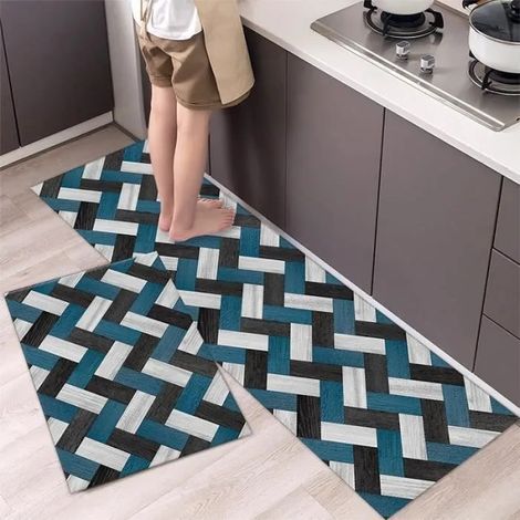 Tapis de Cuisine 40x60cm et 40x120cm - Bleu Gris Motifs Géométriques - Tapis Antidérapant Paillasson Salon Chambre (1/4)