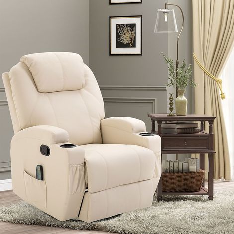 Poltrona Relax Elettrica Reclinabile Girevole con 2 Portabicchieri, Telecomando, Poggiapiedi e 4 Tasche Laterali, in Pelle PU, Legno e Acciaio, Crema