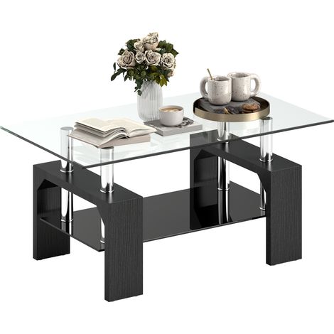 Table basse moderne 2 niveaux table verre trempé canapé bois acier salon 90 x 50 x 42 cm noir (1/5)