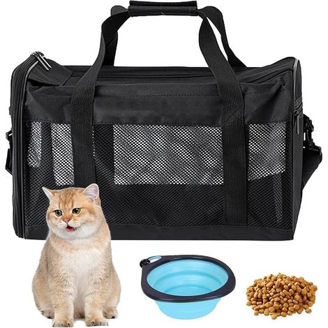 Cat Dog Transport Bag, Cat Transport Crate, Transport Cage for Cats Small Dogs, Foldable Transport Bag for Cats, Dog Transport Box with Bowl, 42 x 27 x 28 cm (1/5)
