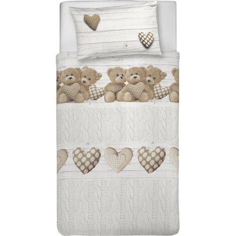 Parure de lit 1 Personne 100% Coton, avec Sac 150 x 200 cm et 1 taie d'oreiller 52 x 82 cm, fabriquée en Italie, Housse de Couette Lavable en Machine à 40 °, Fantaisie Ours Beige (1/5)