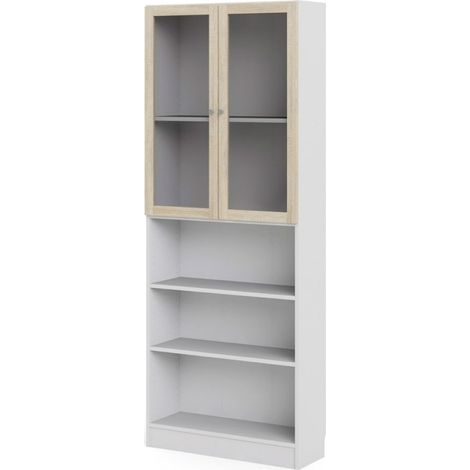 Base Regal 2 Glastüren und 2 Ablagen weiss, Eiche Struktur Dekor.
