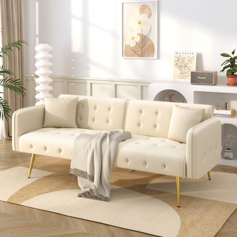 Divano letto 215x81.5 cm beige in velluto con schienale e braccioli regolabili (1/5)