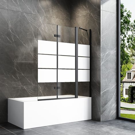 Duschwand für Badewanne 140x140 cm Schwarz Badewannenaufsatz 3-teilig Duschtrennwand für Badewanne Duschwand Badewanne Faltwand Duschabtrennung Badewanne, 6mm ESG Glas mit Milchglas Streifen (1/5)