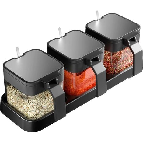 Ensemble de pots à épices, comprenant un plateau, des pots à épices en verre et des récipients de rangement pour épices de cuisine. (1/5)
