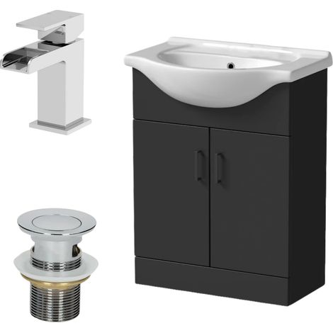 650mm Matt Black Bathroom Vanity Unit Freestanding Chrome Waterfall Tap & Waste (1/5)