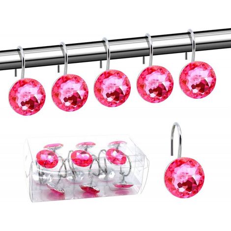 Lot de 12 anneaux décoratifs en acrylique pour rideau de douche, avec strass, pour salle de bain, chambre de bébé, salon (rose) (1/4)