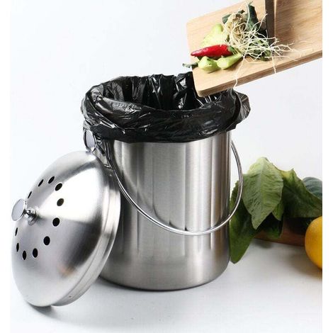 Seau Compost Inodore en Acier Inoxydable pour Cuisine - Poubelle Compost Cuisine - Comprend Filtres à Charbon de Rechange ,3018cm (1/3)