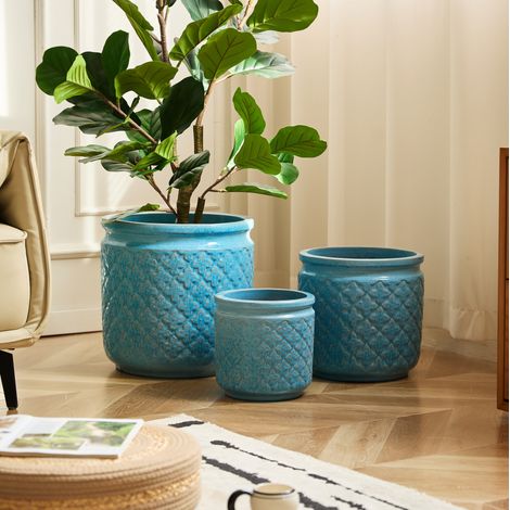 Lot de 3 pots de fleurs Ø 38.1/30.5/22.9 cm bleu antique en céramique avec trou de drainage (1/5)