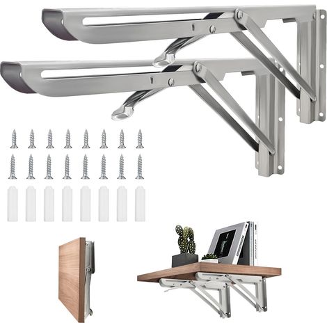 Lot de 2 consoles pliantes en acier inoxydable - Charge lourde - 300 mm - Supports d'étagère pliantes - Support d'étagère murale - Support d'étagère - Support d'étagère pour bricolage - Table pliante (1/5)