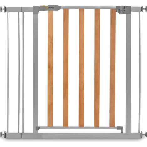 hauck Cancello/parascale per bambini Wood Lock 2 Cancello di sicurezza con estensione da 9 cm, senza foratura, larghezza 84-89 cm, espandibile, griglia in legno in metallo, grigia (1/5)