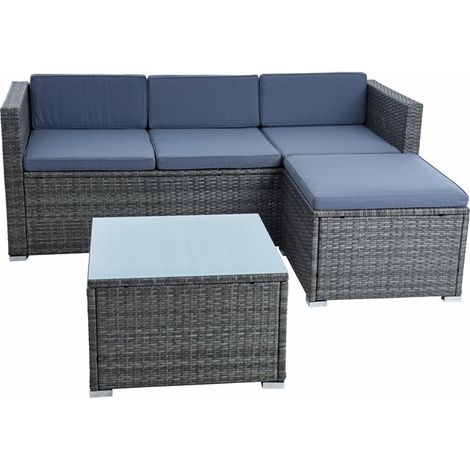 Estexo – Salon de jardin canapé 3 places en polyrotin gris – 1 tabouret et 1 table 61x61cm – Confort extérieur moderne (1/5)