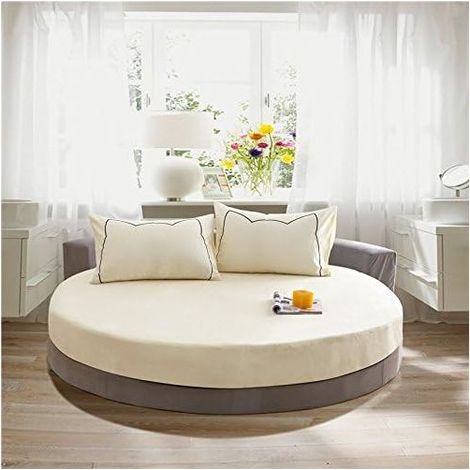 Drap Housse Rond, Doux Drap-Housse en Coton Élastique Respirant Housse de Matelas Confortable Couleur Unie Couvre-lit pour Thème Hôtel (220x220+25cm,Beige) (1/5)