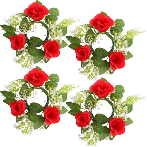 [Rot] Set mit 4 künstlichen rosa Kerzenhaltern für Hochzeiten, Blumendekorationen, Wohnzimmerkerzenhalter, Glyzinienkränze, Tischdekorationen (1/2)