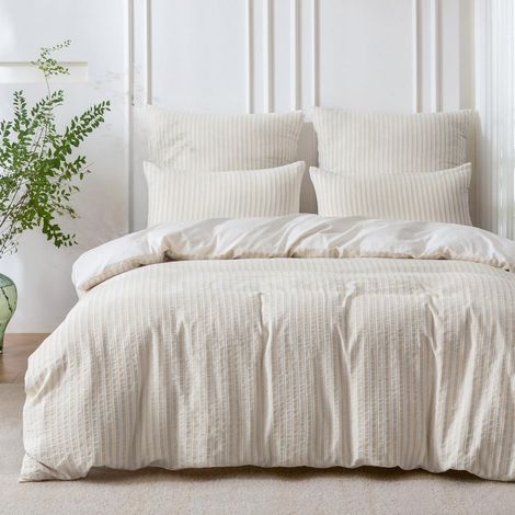 Bettwäsche 135x200 Baumwolle Jacquard Gestreift Beige Leinengrau Weiß 2tlg.