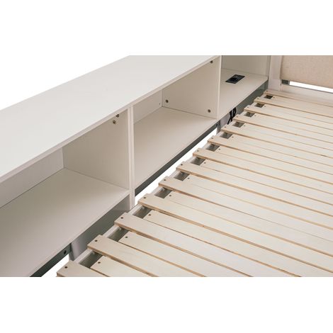 Meuble d'angle tout-en-un en L lit bureau rangement sommier à lattes tête de lit rembourrée tiroirs étagères bois massif MDF petit appartement (1/5)