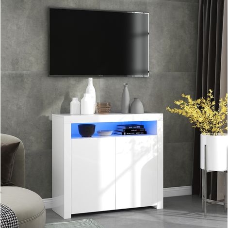 Mobile TV bianco con LED, 2 ante, vani aperti, finitura lucida 108 x 40 x 92 cm HAVRYA (1/5)