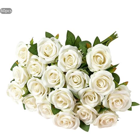 Lot de 60 Fleurs de roses artificielles blanc, roses en tissu soie, faux bouquet floraux pour décoration mariage, centre de table, maison et fête (1/5)