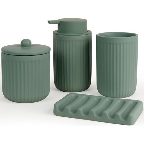 Lot de 4 - Accessoires de salle de bain - Céramique - Distributeur de savon et porte-savon - Design moderne vert - Pour maison et hôtel - Vert - Dimensions variables