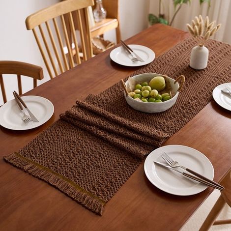 Runner da tavola in macramè stile boho, 100% cotone, 30 x 200 cm con frange, marrone, stile bohémien e country, ideale per matrimoni e cene. (1/4)