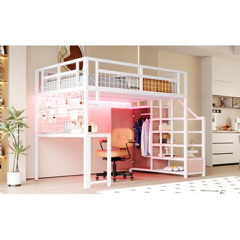 Lit mezzanine en métal 140x200 cm avec échelle de rangement et penderie simple, étagère, bureau et étagère grillagée, bandeau lumineux avec prise, blanc. (1/5)
