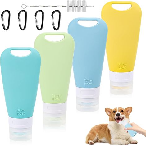 Lot de 4 flacons distributeurs de nourriture pour chiens avec brosse de nettoyage, tubes à remplir pour chiens, 90 ml, tube alimentaire pour chien avec mousqueton, bouteilles de voyage en silicone (1/5)