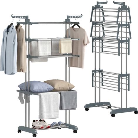Séchoir à linge - HOMCOM - pliable 4 niveaux - avec roulettes et ailes latérales - acier - 73x64x172cm - gris