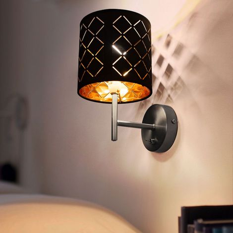 Wandlampe Wandleuchte Schirmleuchte Nachtlicht Schlafzimmerlampe Wohnzimmerlampe Flurlampe, Textilschirm schwarz gold, 1x E14 Fassung, HxB 26x19cm