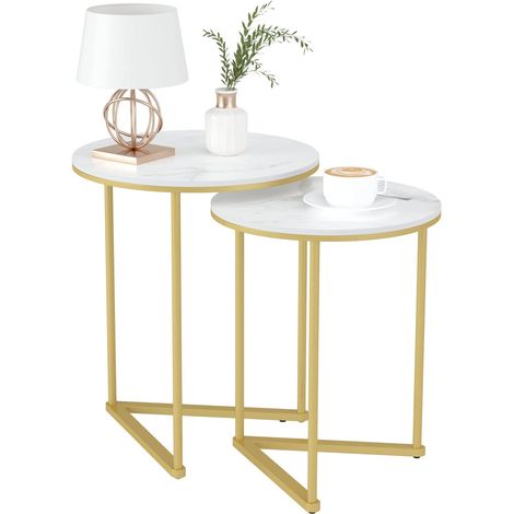 Rotondo Tavolino da salotto in Marmo Tavolino da caffe moderno Set di 2 Tavolino Sovrapponibili tavolino da soggiorno, oro bianco