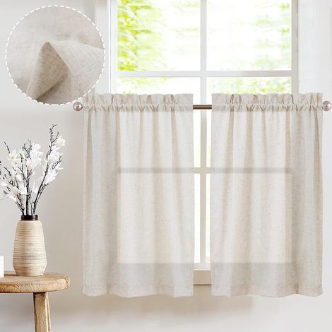 Rideaux de cuisine en lin beige - Rideaux de style ferme (2 panneaux) (1/5)