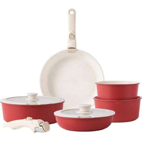 Set de casseroles et poêles induction avec poignées amovibles, antiadhésif, empilable, 15 pièces, rouge (1/5)