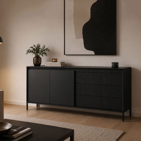 Sideboard Hatone, Anrichte 3 Schubladen, 2 Regale, Türen schwenkbar, gleitend, 187x40x81h cm Schwarz (1/5)