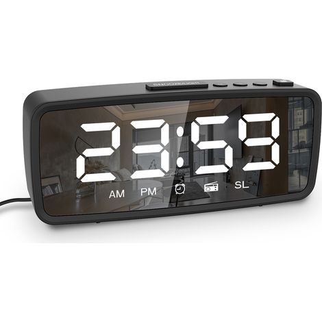 Réveil Radio Miroir LED 5.1'' Noir/Blanc ABS FM Snooze Mode Nuit 3 Luminosités USB/Piles (1/5)