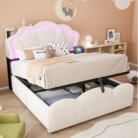 lit superposé 140/200 cm beige en velours avec coffre hydraulique, LED et prises intégrées (1/5)