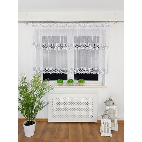 Tenda pronta all'uso 300x120 cm in rete con pizzo guipure grigio e bianco su nastro arricciato (1/5)