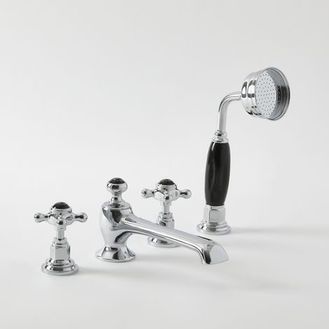Milano Elizabeth Deck Mounted 4 Tap Hole Bath Shower Mixer Tap - Chrome & Black (Crosshead Handles)
