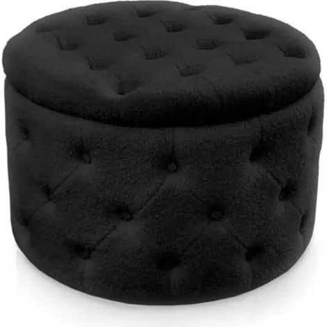 Pouf mit Stauraum aus schwarzem Teddystoff Ø60x43
