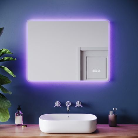 SIRHONA Miroir lumineux de salle de bain - Miroir de salle de bain carré antibuée avec Bluetooth et éclairage tricolore, prise électrique intégrée, 70 x 50 cm