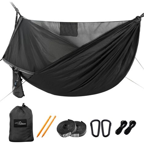 Outdoor-Campinghängematte mit Moskitonetz und Firstseil, extra groß für 2 Personen, 290 x 140 cm, All-in-One-Hängematte mit Baumgurten, ideal für Outdoor-Aktivitäten und Wandern