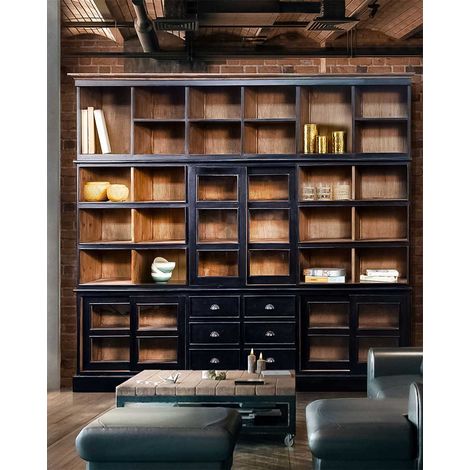 Bibliothèque noire en bois de Mindy massif 270x240 cm – Finition patinée – 5 étagères pour décoration et rangement (1/5)