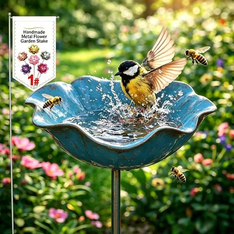 Fuglebad i métal avec fleur, hagespyd à main, fuglebad résistant à l'hiver et fourgon à insectes, hage- et fuglebad de terrasse 1 pièce bleu 15 cm bleu (1/5)