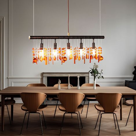 LED Hängeleuchte Esstischleuchte Kristall Pendelleuchte Wohnzimmerl, braun bernstein, 5 flammig LED warmweiß, LxBxH 80x9,8x150 cm