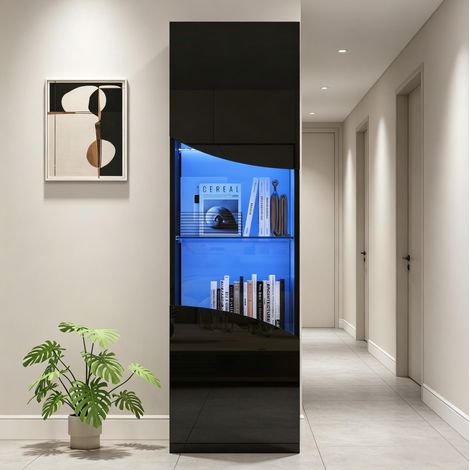 Vitrine haute 35x50x165 cm en panneaux de bois noir, avec rangement pour salon FloraGrace (1/5)