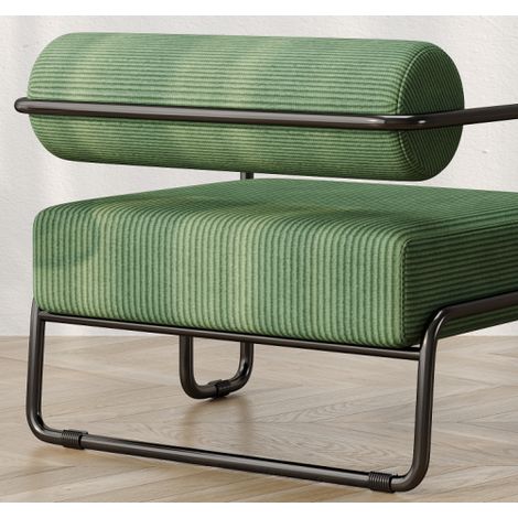 Fauteuil d'appoint moderne — doté d'un dossier élégant, d'un revêtement en velours côtelé doux et d'une structure en métal noir. Grâce à son design minimaliste, il trouve idéalement sa place dans le s (1/5)