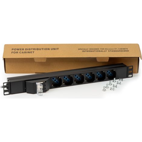 Link multipresa elettrica LK100503 per rack 19" con magnetotermico e 6 prese universali tripolari/Schuko in metallo. Cavo da 3 metri e spina italiana 16°, misure 48,5x4,5x4,5. Alette reversibili. (1/4)